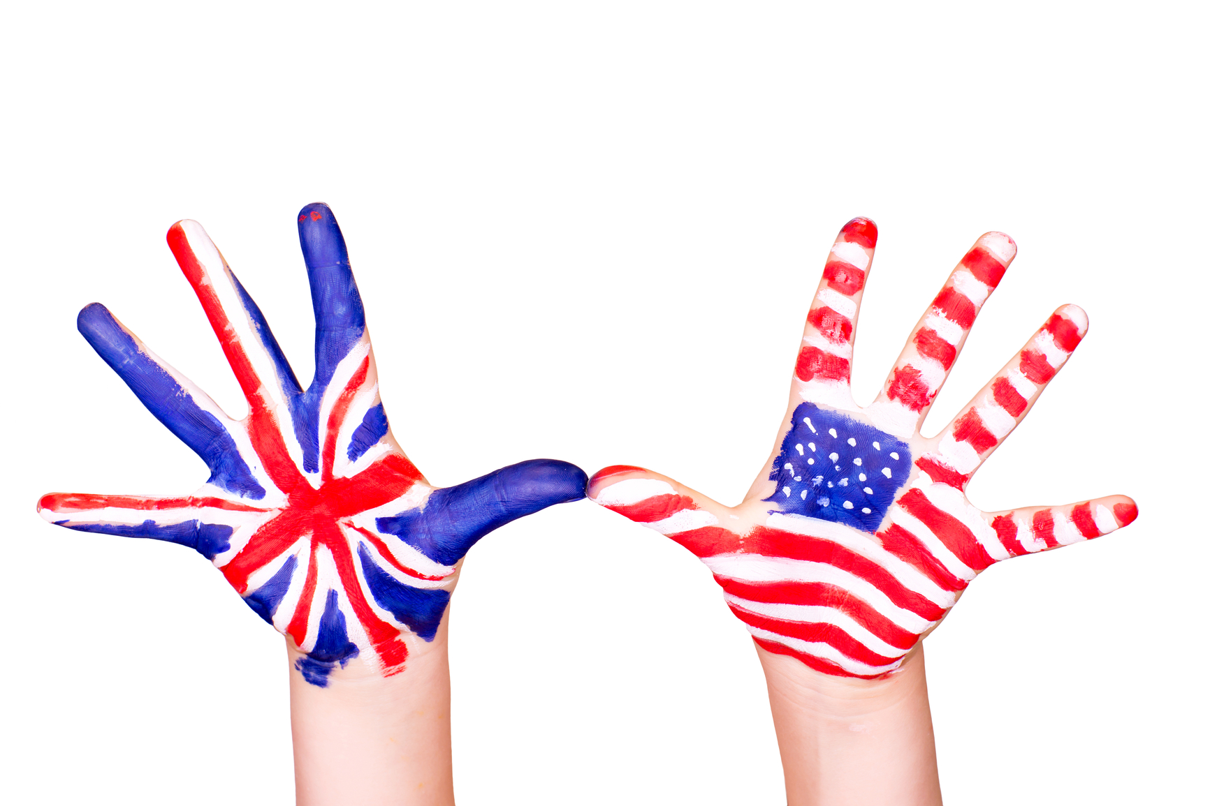 American and English flags on hands. Learning English language concept.